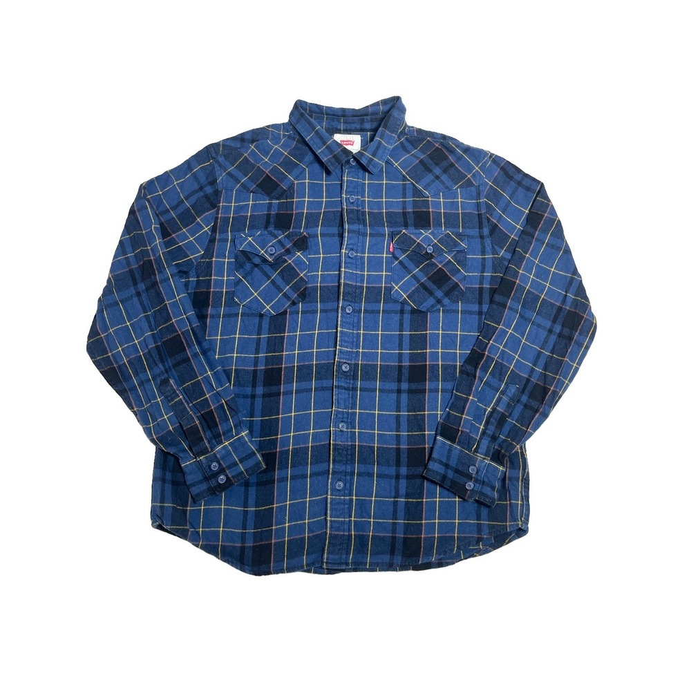 Levi Strauss Flannel Shirt Mens XL Blue Black Plaid Long Sleeve Button Down Logo